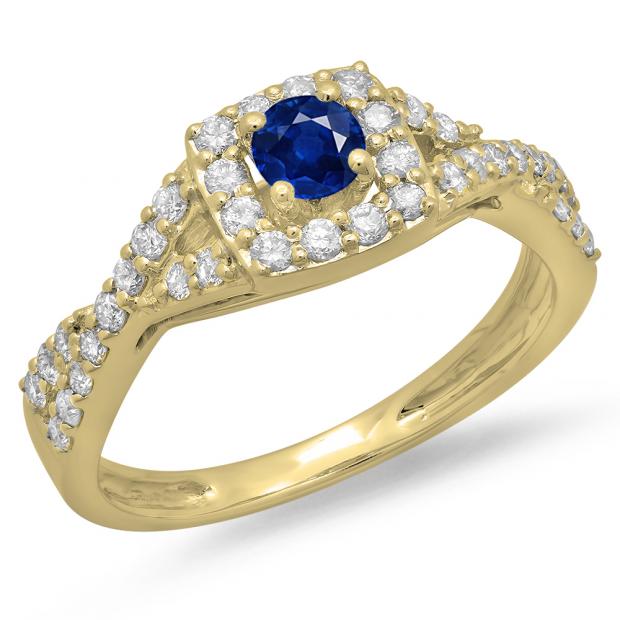 0.75 Carat (ctw) 14K Yellow Gold Round Cut Blue Sapphire & White Diamond Ladies Bridal Swirl Split Shank Halo Engagement Ring 3/4 CT