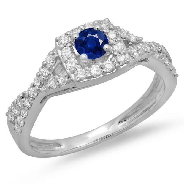 0.75 Carat (ctw) 18K White Gold Round Cut Blue Sapphire & White Diamond Ladies Bridal Swirl Split Shank Halo Engagement Ring 3/4 CT