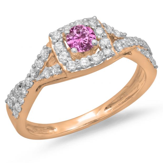 0.75 Carat (ctw) 10K Rose Gold Round Cut Pink Sapphire & White Diamond Ladies Bridal Swirl Split Shank Halo Engagement Ring 3/4 CT