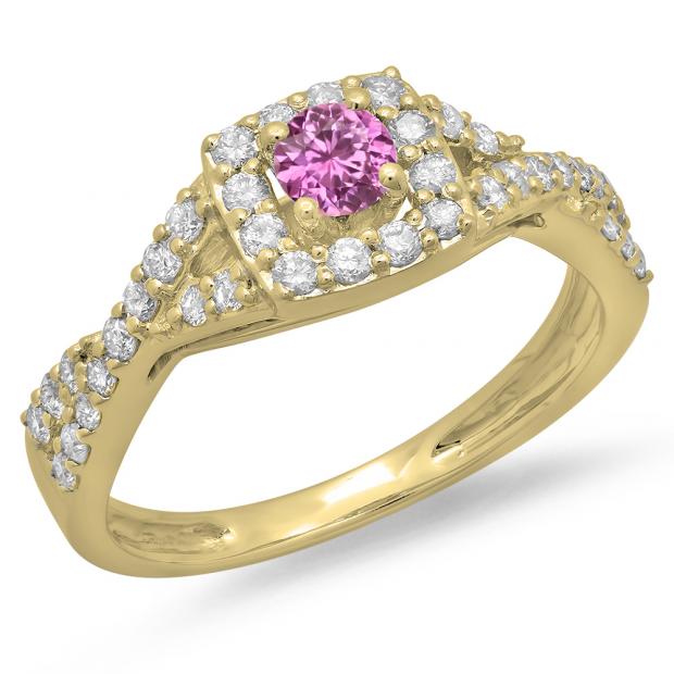 0.75 Carat (ctw) 14K Yellow Gold Round Cut Pink Sapphire & White Diamond Ladies Bridal Swirl Split Shank Halo Engagement Ring 3/4 CT