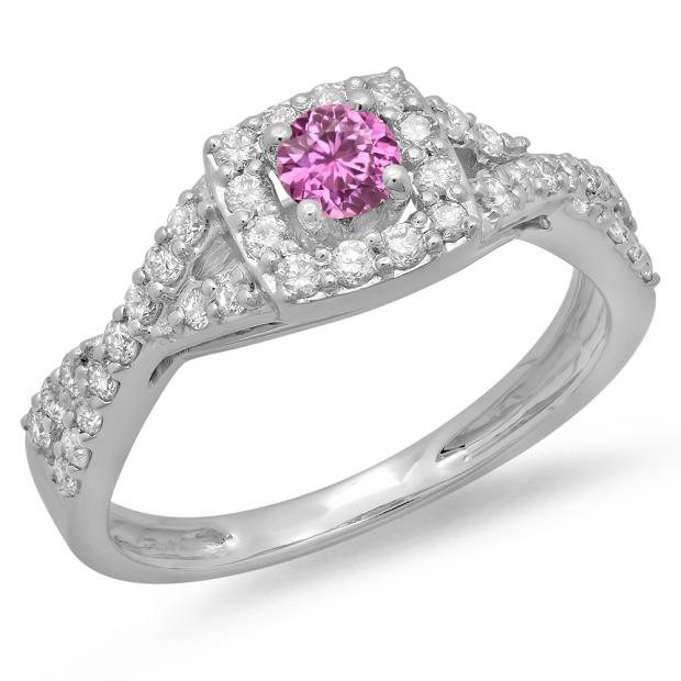 0.75 Carat (ctw) 18K White Gold Round Cut Pink Sapphire & White Diamond Ladies Bridal Swirl Split Shank Halo Engagement Ring 3/4 CT