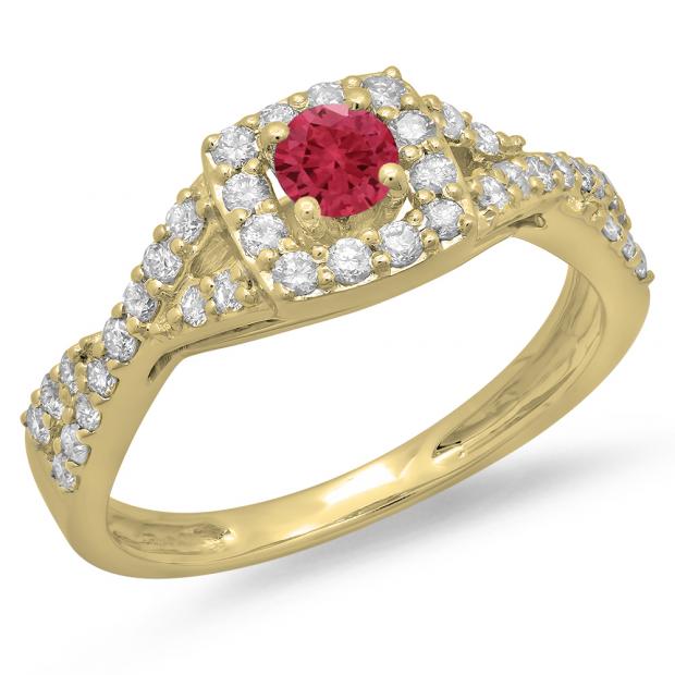 0.75 Carat (ctw) 14K Yellow Gold Round Cut Red Ruby & White Diamond Ladies Bridal Swirl Split Shank Halo Engagement Ring 3/4 CT