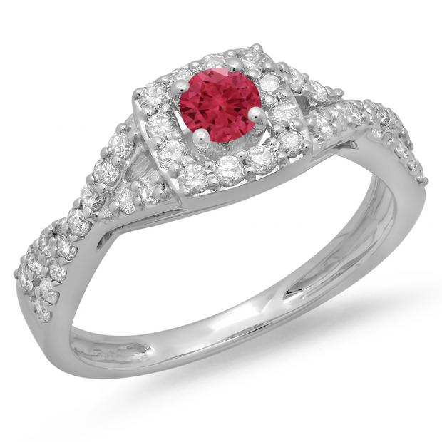 0.75 Carat (ctw) 18K White Gold Round Cut Red Ruby & White Diamond Ladies Bridal Swirl Split Shank Halo Engagement Ring 3/4 CT