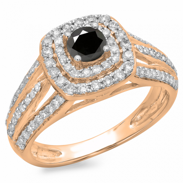 1.10 Carat (ctw) 10K Rose Gold Round Cut Black & White Diamond Ladies Split Shank Vintage Style Bridal Halo Engagement Ring 1 CT