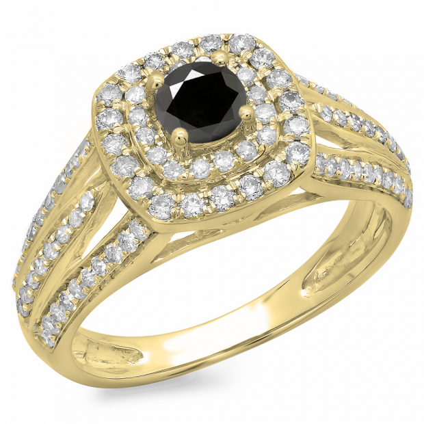 1.10 Carat (ctw) 10K Yellow Gold Round Cut Black & White Diamond Ladies Split Shank Vintage Style Bridal Halo Engagement Ring 1 CT