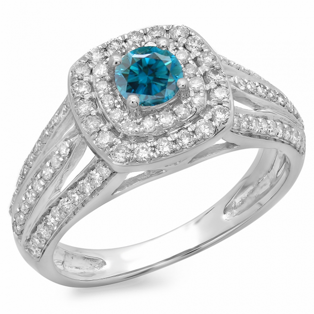 1.10 Carat (ctw) 10K White Gold Round Cut Blue & White Diamond Ladies Split Shank Vintage Style Bridal Halo Engagement Ring 1 CT