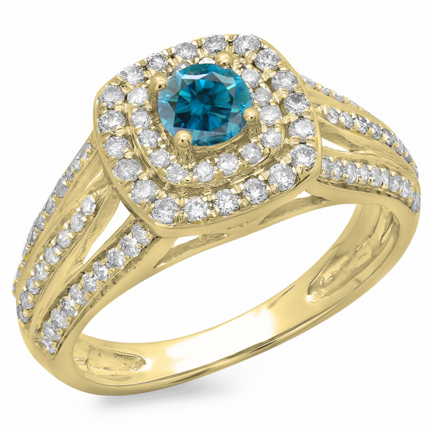 1.10 Carat (ctw) 10K Yellow Gold Round Cut Blue & White Diamond Ladies Split Shank Vintage Style Bridal Halo Engagement Ring 1 CT