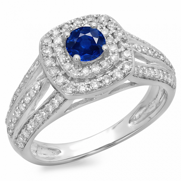 1.10 Carat (ctw) 14K White Gold Round Cut Blue Sapphire & White Diamond Ladies Split Shank Vintage Style Bridal Halo Engagement Ring 1 CT