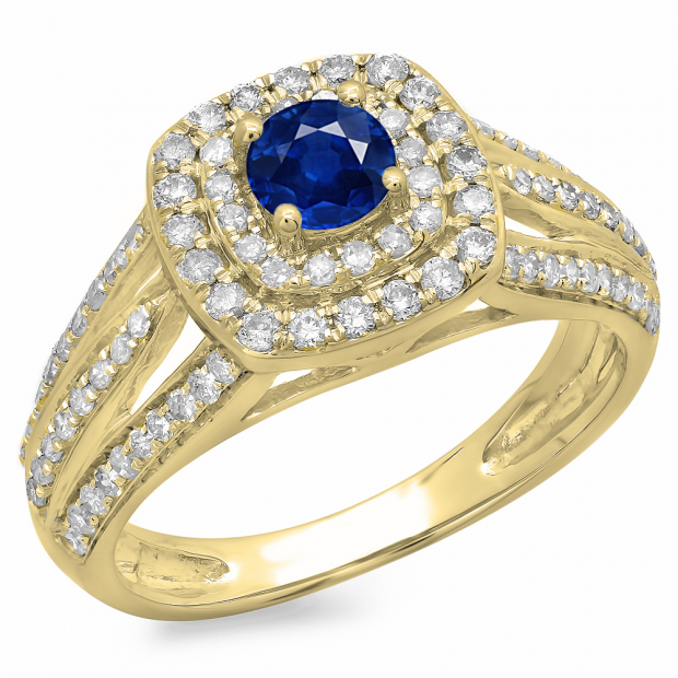 1.10 Carat (ctw) 14K Yellow Gold Round Cut Blue Sapphire & White Diamond Ladies Split Shank Vintage Style Bridal Halo Engagement Ring 1 CT