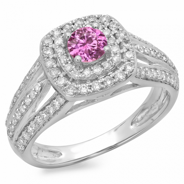 1.10 Carat (ctw) 18K White Gold Round Cut Pink Sapphire & White Diamond Ladies Split Shank Vintage Style Bridal Halo Engagement Ring 1 CT