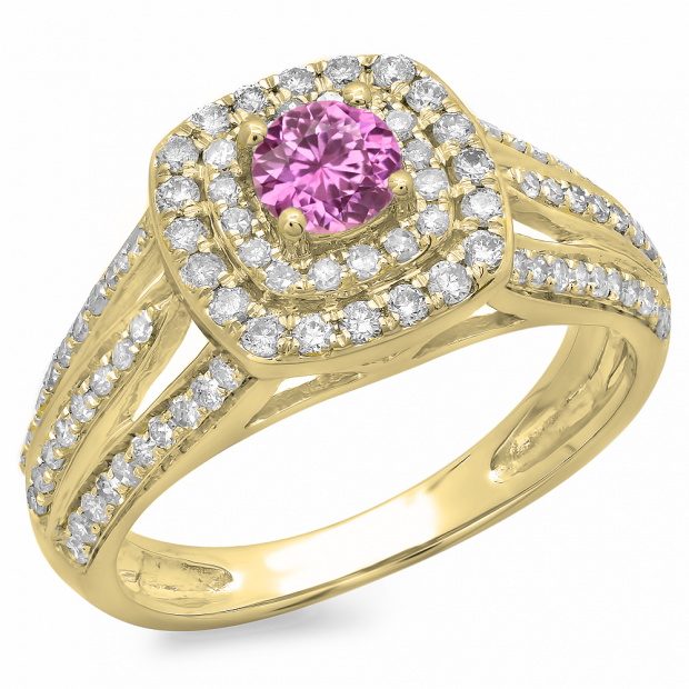 1.10 Carat (ctw) 18K Yellow Gold Round Cut Pink Sapphire & White Diamond Ladies Split Shank Vintage Style Bridal Halo Engagement Ring 1 CT