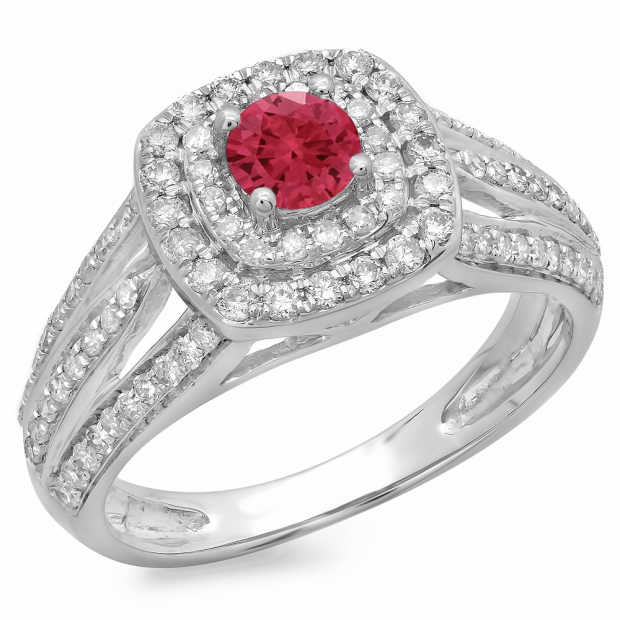 1.10 Carat (ctw) 10K White Gold Round Cut Red Ruby & White Diamond Ladies Split Shank Vintage Style Bridal Halo Engagement Ring 1 CT