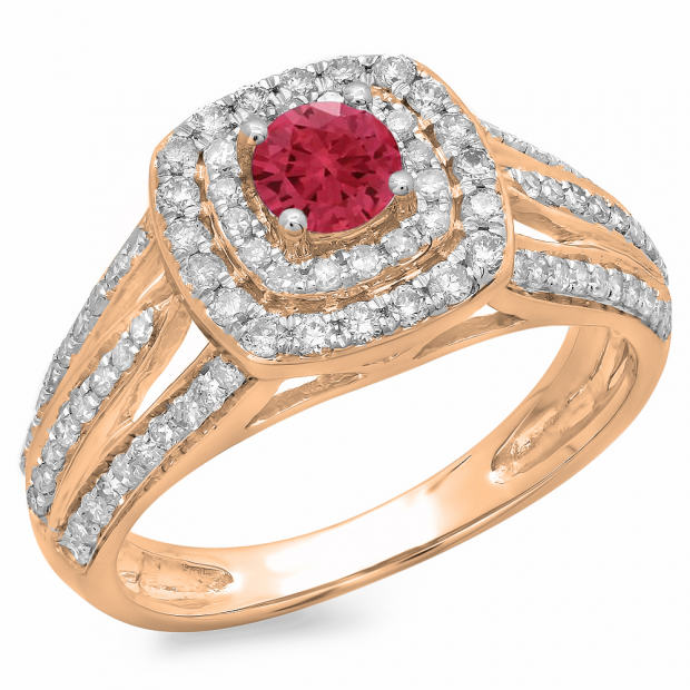1.10 Carat (ctw) 14K Rose Gold Round Cut Red Ruby & White Diamond Ladies Split Shank Vintage Style Bridal Halo Engagement Ring 1 CT
