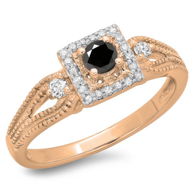 0.40 Carat (ctw) 10K Rose Gold Round Cut Black & White Diamond Ladies Bridal Vintage Halo Style Engagement Ring
