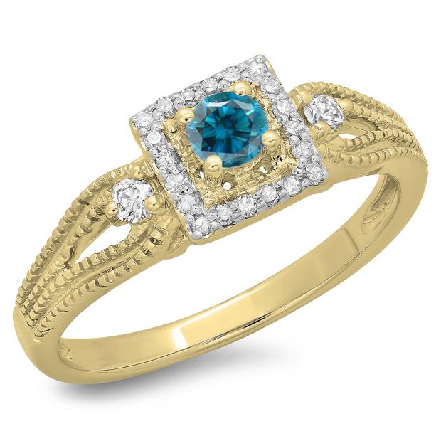0.40 Carat (ctw) 10K Yellow Gold Round Cut Blue & White Diamond Ladies Bridal Vintage Halo Style Engagement Ring