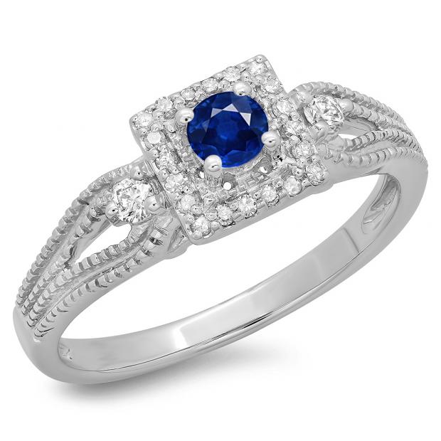 0.40 Carat (ctw) 14K White Gold Round Cut Blue Sapphire & White Diamond Ladies Bridal Vintage Halo Style Engagement Ring