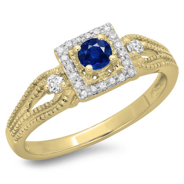 0.40 Carat (ctw) 14K Yellow Gold Round Cut Blue Sapphire & White Diamond Ladies Bridal Vintage Halo Style Engagement Ring