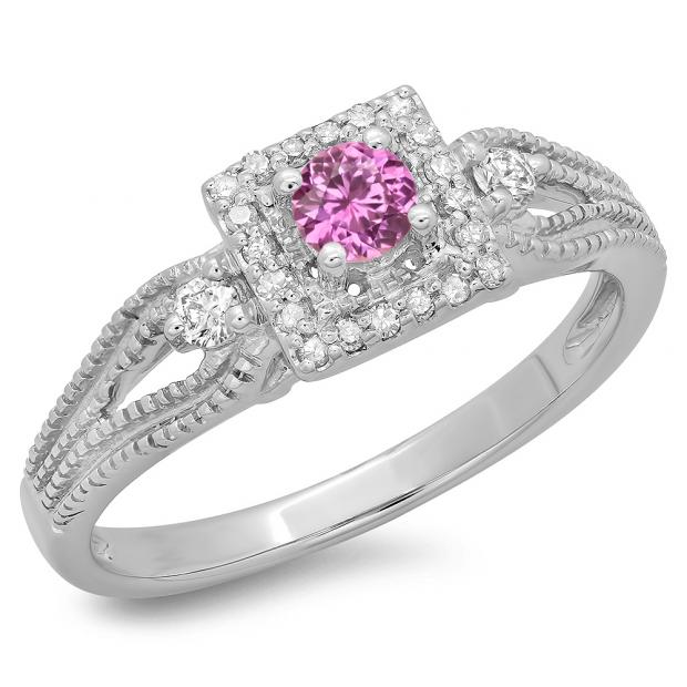 0.40 Carat (ctw) 14K White Gold Round Cut Pink Sapphire & White Diamond Ladies Bridal Vintage Halo Style Engagement Ring