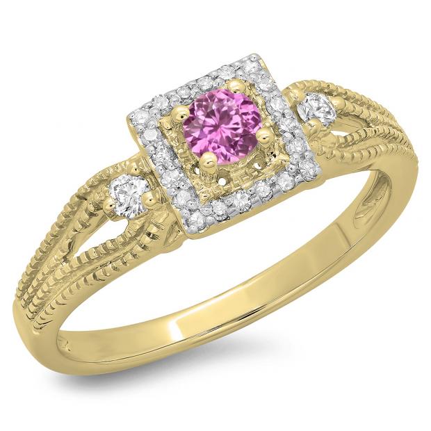 0.40 Carat (ctw) 18K Yellow Gold Round Cut Pink Sapphire & White Diamond Ladies Bridal Vintage Halo Style Engagement Ring