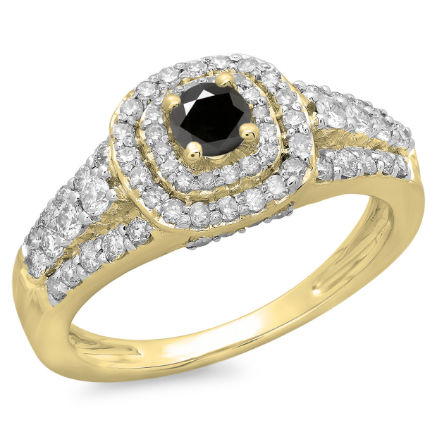 1.00 Carat (ctw) 10K Yellow Gold Round Cut Black & White Diamond Ladies Vintage Style Bridal Halo Engagement Ring 1 CT