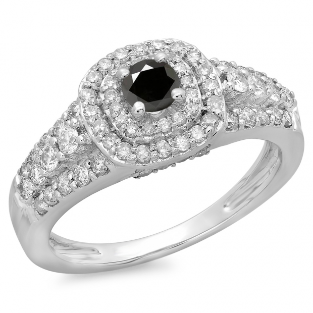 1.00 Carat (ctw) 14K White Gold Round Cut Black & White Diamond Ladies Vintage Style Bridal Halo Engagement Ring 1 CT