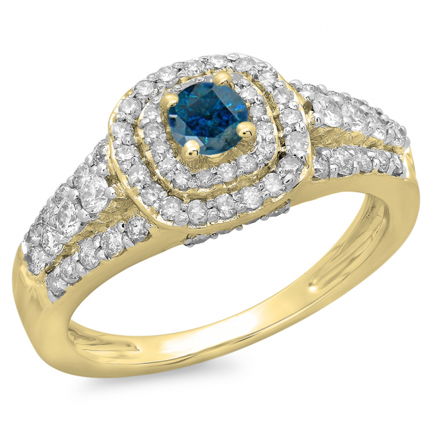1.00 Carat (ctw) 14K Yellow Gold Round Cut Blue & White Diamond Ladies Vintage Style Bridal Halo Engagement Ring 1 CT