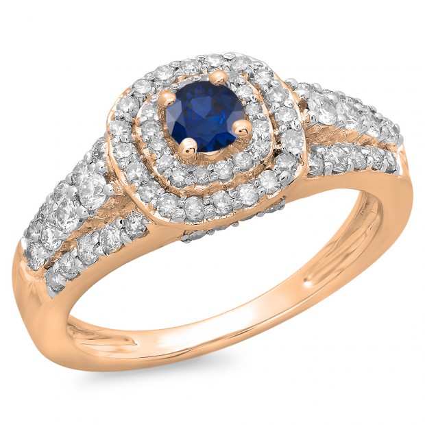 1.00 Carat (ctw) 10K Rose Gold Round Cut Blue Sapphire & White Diamond Ladies Vintage Style Bridal Halo Engagement Ring 1 CT