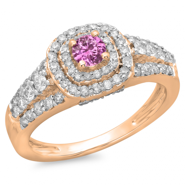 1.00 Carat (ctw) 10K Rose Gold Round Cut Pink Sapphire & White Diamond Ladies Vintage Style Bridal Halo Engagement Ring 1 CT