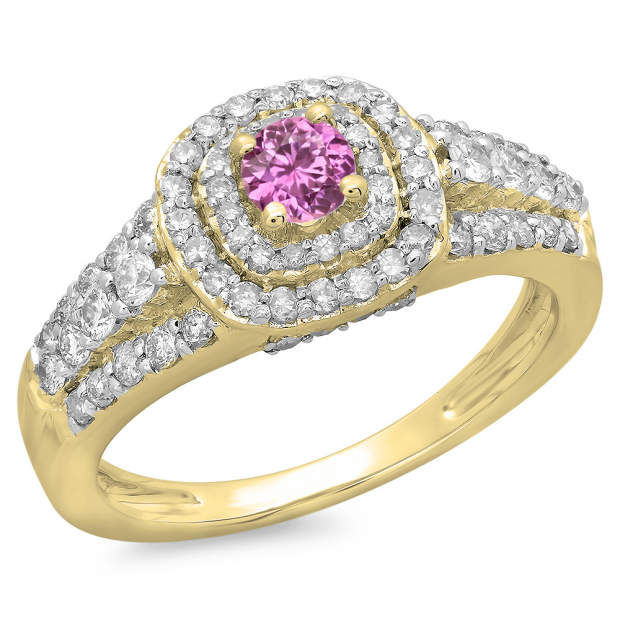 1.00 Carat (ctw) 10K Yellow Gold Round Cut Pink Sapphire & White Diamond Ladies Vintage Style Bridal Halo Engagement Ring 1 CT