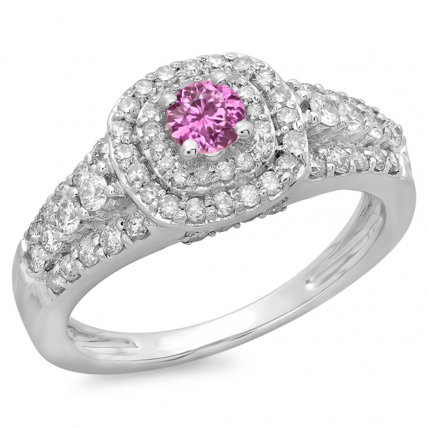 1.00 Carat (ctw) 14K White Gold Round Cut Pink Sapphire & White Diamond Ladies Vintage Style Bridal Halo Engagement Ring 1 CT
