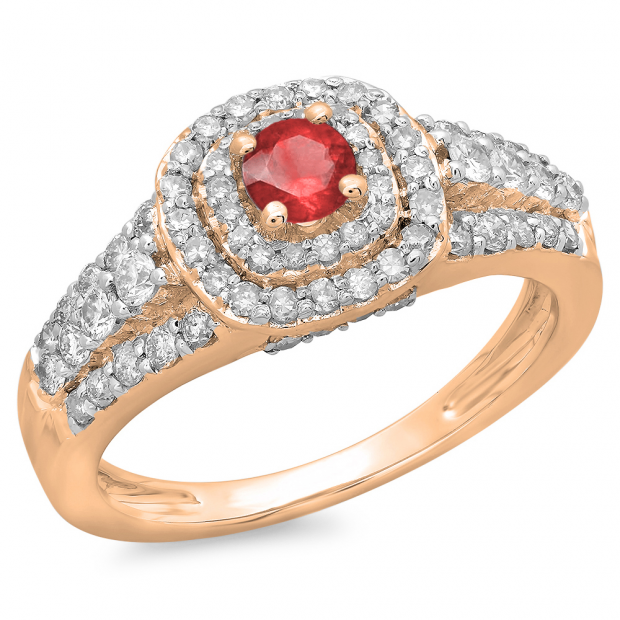1.00 Carat (ctw) 14K Rose Gold Round Cut Red Ruby & White Diamond Ladies Vintage Style Bridal Halo Engagement Ring 1 CT