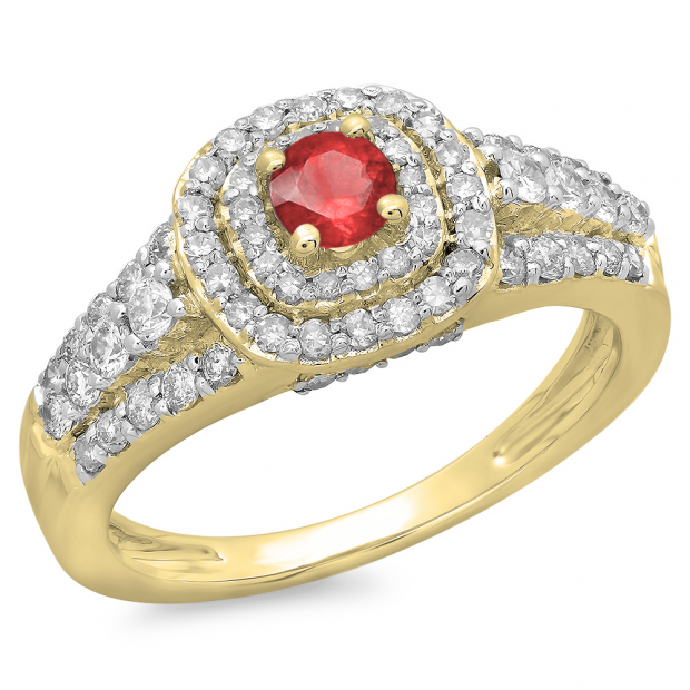 1.00 Carat (ctw) 14K Yellow Gold Round Cut Red Ruby & White Diamond Ladies Vintage Style Bridal Halo Engagement Ring 1 CT