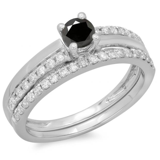 0.75 Carat (ctw) 14K White Gold Round Cut Black & White Diamond Ladies Bridal Engagement Ring With Matching Band Set 3/4 CT