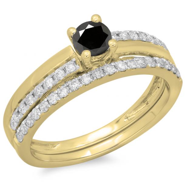 0.75 Carat (ctw) 18K Yellow Gold Round Cut Black & White Diamond Ladies Bridal Engagement Ring With Matching Band Set 3/4 CT