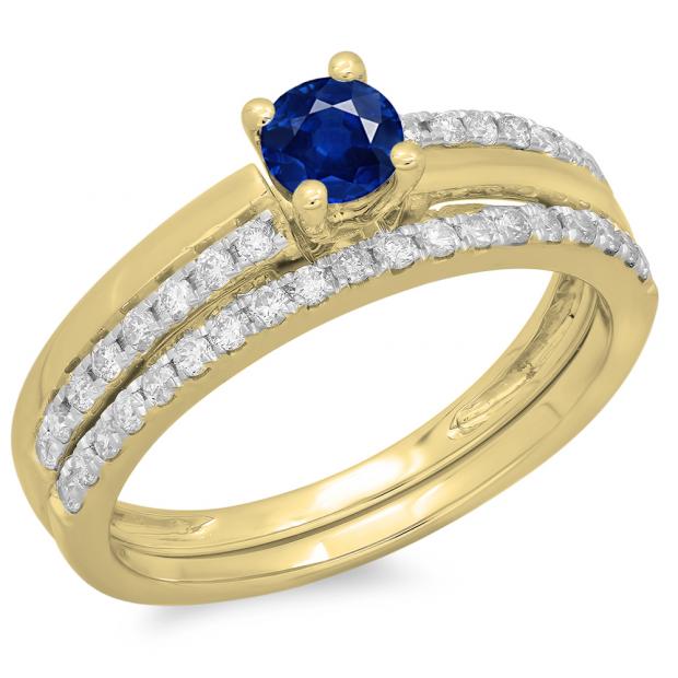 0.75 Carat (ctw) 18K Yellow Gold Round Cut Blue Sapphire & White Diamond Ladies Bridal Engagement Ring With Matching Band Set 3/4 CT