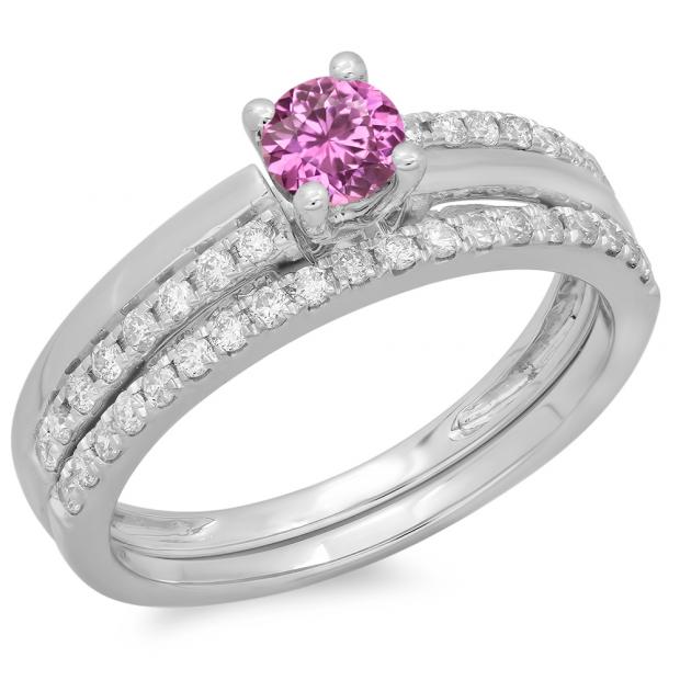 0.75 Carat (ctw) 10K White Gold Round Cut Pink Sapphire & White Diamond Ladies Bridal Engagement Ring With Matching Band Set 3/4 CT