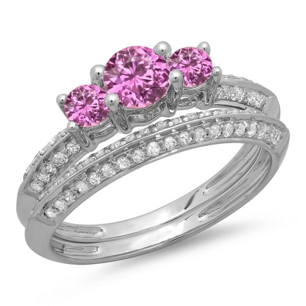 1.05 Carat (ctw) 14K White Gold Round Cut Pink Sapphire & White Diamond Ladies 3 Stone Bridal Engagement Ring With Matching Band Set 1 CT