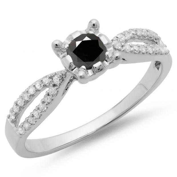 0.50 Carat (ctw) 14K White Gold Round White & Black Diamond Ladies Solitaire With Accents Bridal Split Shank Engagement Ring 1/2 CT