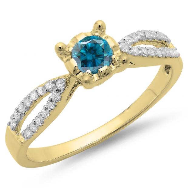 0.50 Carat (ctw) 14K Yellow Gold Round White & Blue Diamond Ladies Solitaire With Accents Bridal Split Shank Engagement Ring 1/2 CT