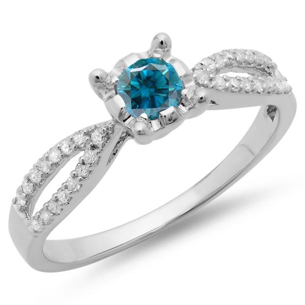 0.50 Carat (ctw) 18K White Gold Round White & Blue Diamond Ladies Solitaire With Accents Bridal Split Shank Engagement Ring 1/2 CT