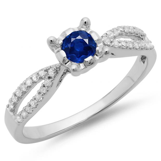 0.50 Carat (ctw) 10K White Gold Round Blue Sapphire & White Diamond Ladies Solitaire With Accents Bridal Split Shank Engagement Ring 1/2 CT