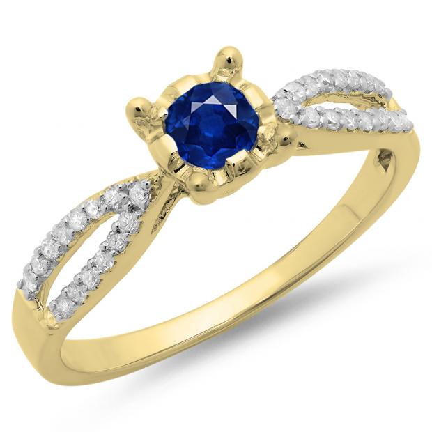 0.50 Carat (ctw) 10K Yellow Gold Round Blue Sapphire & White Diamond Ladies Solitaire With Accents Bridal Split Shank Engagement Ring 1/2 CT