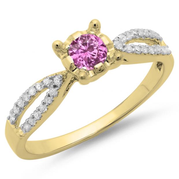 0.50 Carat (ctw) 10K Yellow Gold Round Pink Sapphire & White Diamond Ladies Solitaire With Accents Bridal Split Shank Engagement Ring 1/2 CT