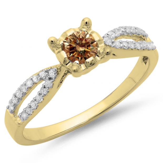 0.50 Carat (ctw) 10K Yellow Gold Round White & Champagne Diamond Ladies Solitaire With Accents Bridal Split Shank Engagement Ring 1/2 CT