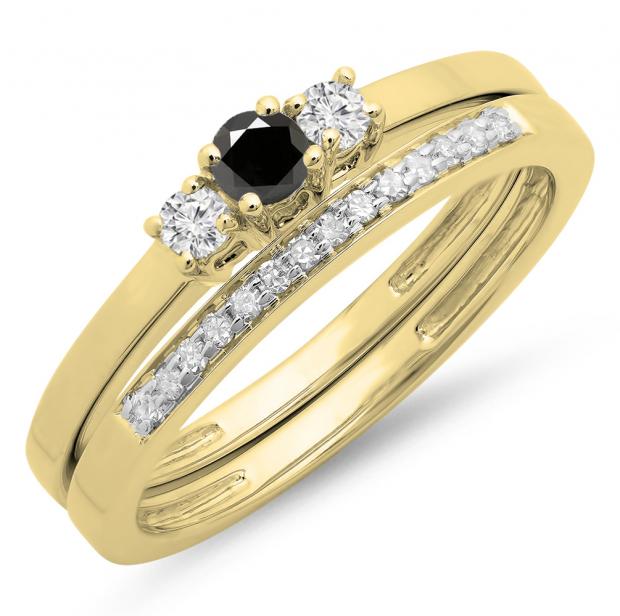 0.33 Carat (ctw) 10K Yellow Gold Round Cut White & Black Diamond Ladies Bridal Engagement 3 Stone Ring With Matching Wedding Band Set 1/3 CT