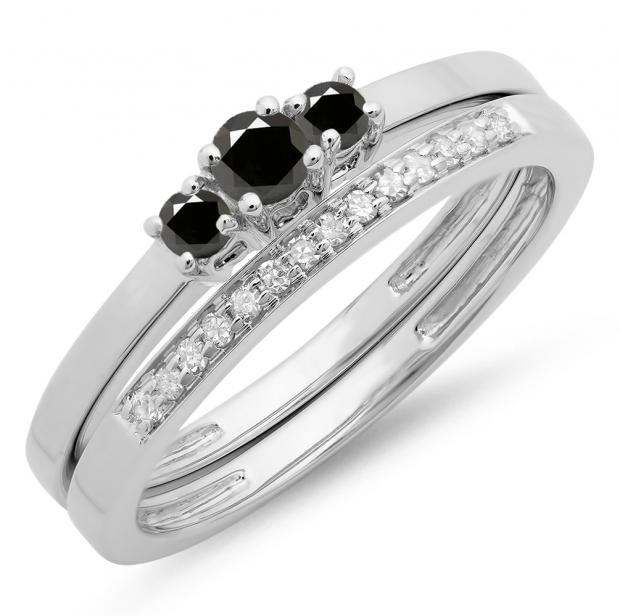 0.33 Carat (ctw) 10K White Gold Round Cut White & Black Diamond Ladies Bridal Engagement 3 Stone Ring With Matching Wedding Band Set 1/3 CT