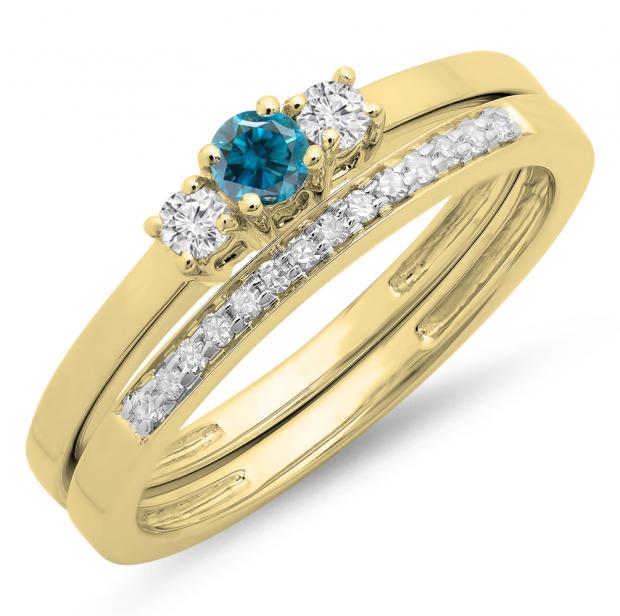 0.33 Carat (ctw) 10K Yellow Gold Round Cut White & Blue Diamond Ladies Bridal Engagement 3 Stone Ring With Matching Wedding Band Set 1/3 CT