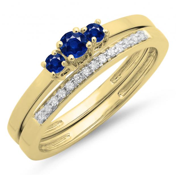 0.33 Carat (ctw) 14K Yellow Gold Round Cut Blue Sapphire & White Diamond Ladies Bridal Engagement 3 Stone Ring With Matching Wedding Band Set 1/3 CT