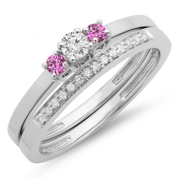 0.33 Carat (ctw) 14K White Gold Round Cut Pink Sapphire & White Diamond Ladies Bridal Engagement 3 Stone Ring With Matching Wedding Band Set 1/3 CT