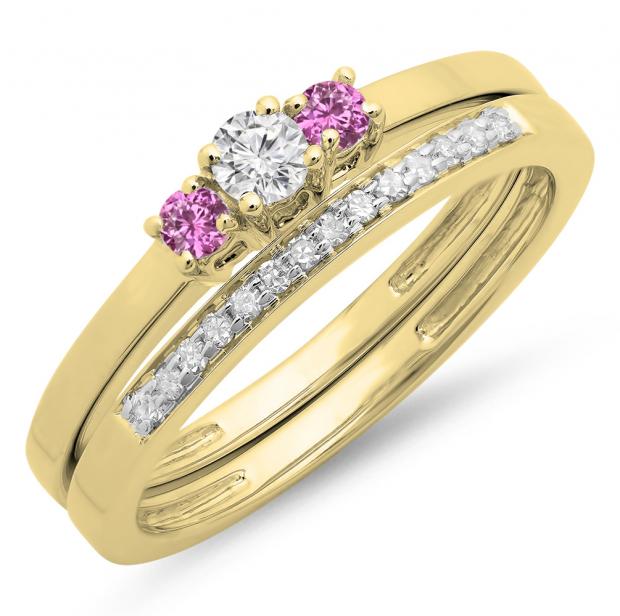 0.33 Carat (ctw) 14K Yellow Gold Round Cut Pink Sapphire & White Diamond Ladies Bridal Engagement 3 Stone Ring With Matching Wedding Band Set 1/3 CT